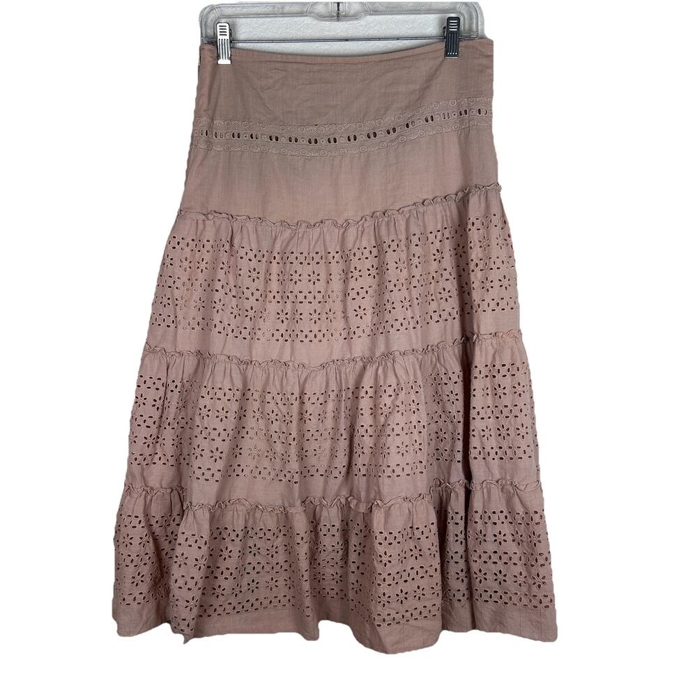 Stitch Womens Sz L casual beige cotton lined eyelet side zip tiered ruffled Boho
